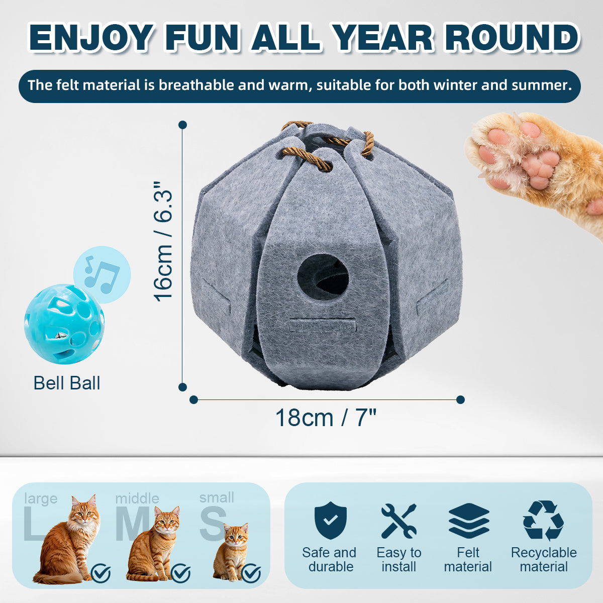 Juguete interactivo con forma de pelota y cascabel para gatos: juguete plegable de fieltro para enriquecer el mundo de los gatos de interior y adultos. Caza, salta y entretiene a los gatos aburridos, gris.