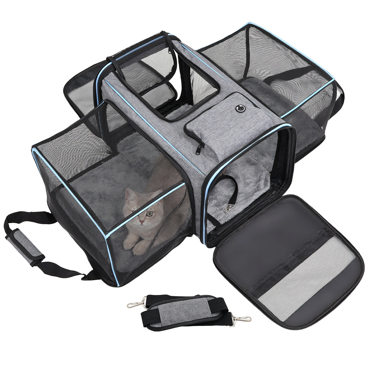 Erweiterbare Reisetasche für Haustiere, kratzfestes, atmungsaktives Netzgewebe, Crossbody- und Tragetasche, strapazierfähig und geräumig, Transportbox mit Sichtfenstern, leicht zu reinigendes Material, herausnehmbares weiches Polster und Schultergurt