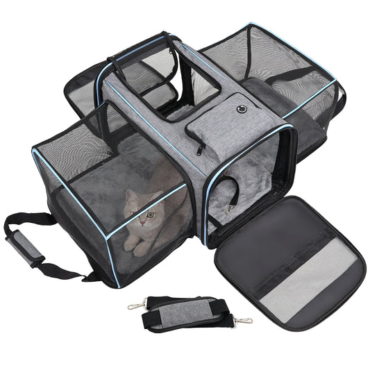 Erweiterbare Reisetasche für Haustiere, kratzfestes, atmungsaktives Netzgewebe, Crossbody- und Tragetasche, strapazierfähig und geräumig, Transportbox mit Sichtfenstern, leicht zu reinigendes Material, herausnehmbares weiches Polster und Schultergurt