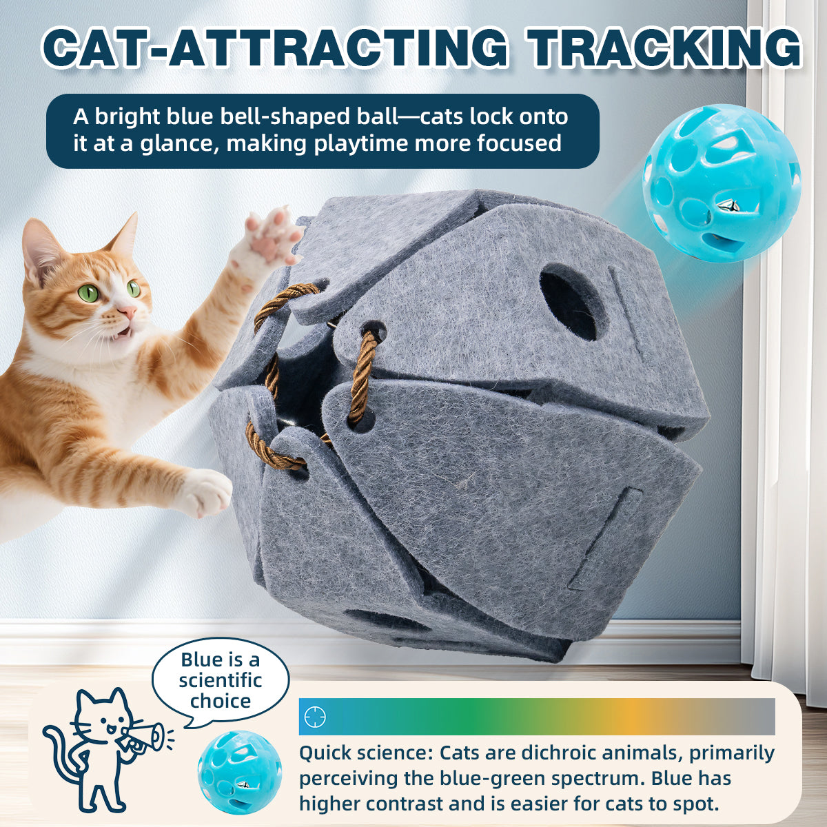 Juguete interactivo con forma de pelota y cascabel para gatos: juguete plegable de fieltro para enriquecer el mundo de los gatos de interior y adultos. Caza, salta y entretiene a los gatos aburridos, gris. 
