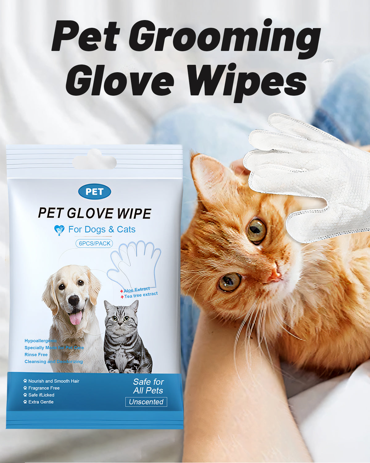 Reinigungstücher für Haustiere: Extra dicke, pflegende Einweg-Pflegetücher für Hunde und Katzen, ideal für die tägliche Pflege und auf Reisen. Kein Abspülen erforderlich. Hypoallergen, unparfümiert. 6 Stück pro Packung. 