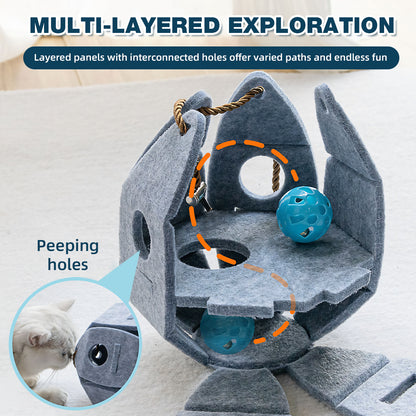 Juguete interactivo con forma de pelota y cascabel para gatos: juguete plegable de fieltro para enriquecer el mundo de los gatos de interior y adultos. Caza, salta y entretiene a los gatos aburridos, gris. 