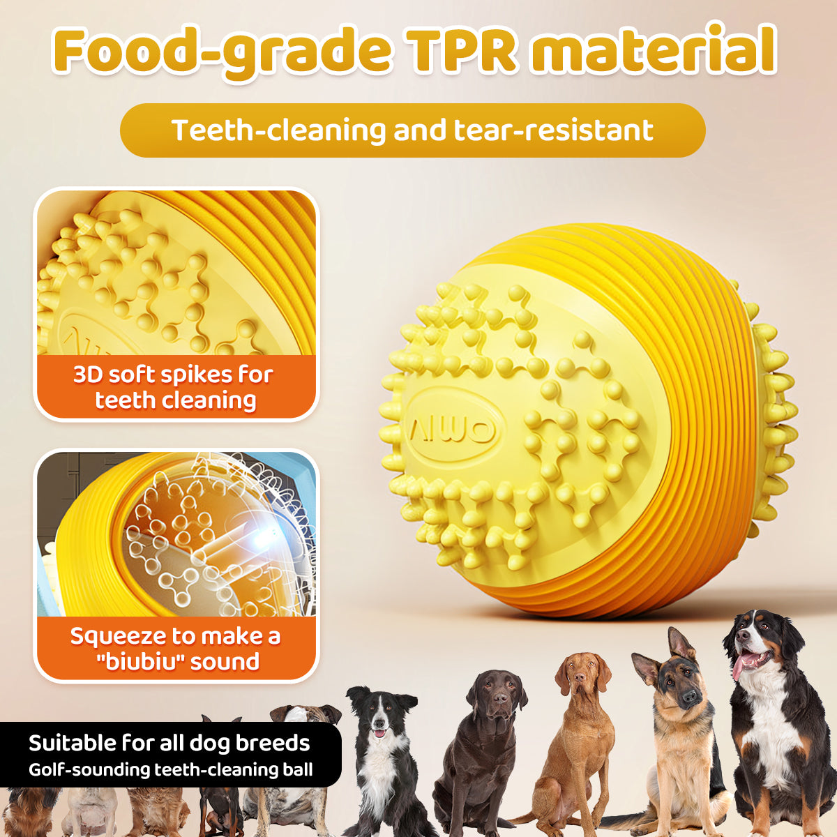 Pelota masticable chirriante para perros agresivos, TPR de grado alimenticio, diseño indestructible, juguete de limpieza dental, pelota antiasfixia para perros pequeños, medianos y grandes, juego interactivo de larga duración. 