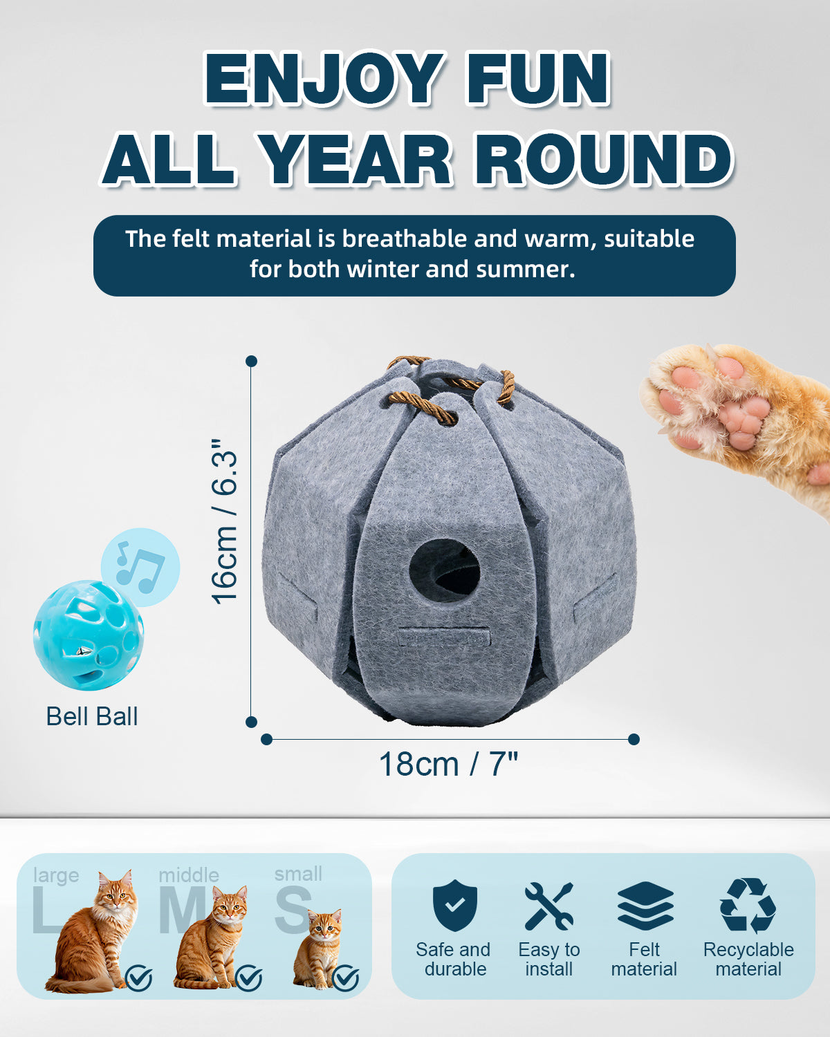 Interactive Cat Puzzle Ball – Foldable Felt Toy with Bell