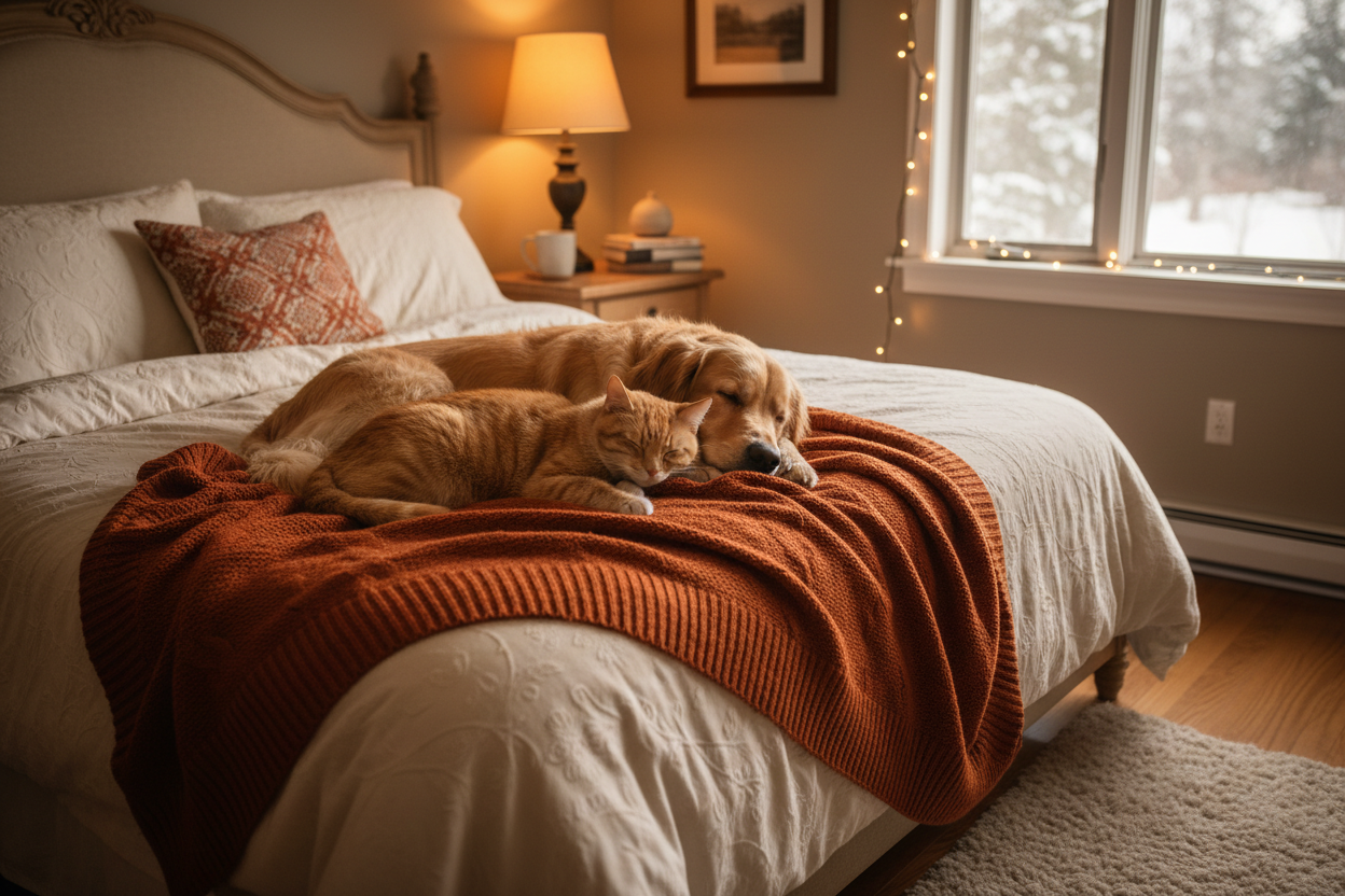 一只猫和狗在温馨的卧室里相互依偎在一起