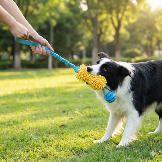 Zerrspielzeug für Hunde, interaktives Kauspielzeug für Spiel und Zahnreinigung, weiches, genopptes Plüschtier mit Gummiball, Seilspielzeug für Hunde zum Training von kleinen, mittelgroßen und großen Hunden 