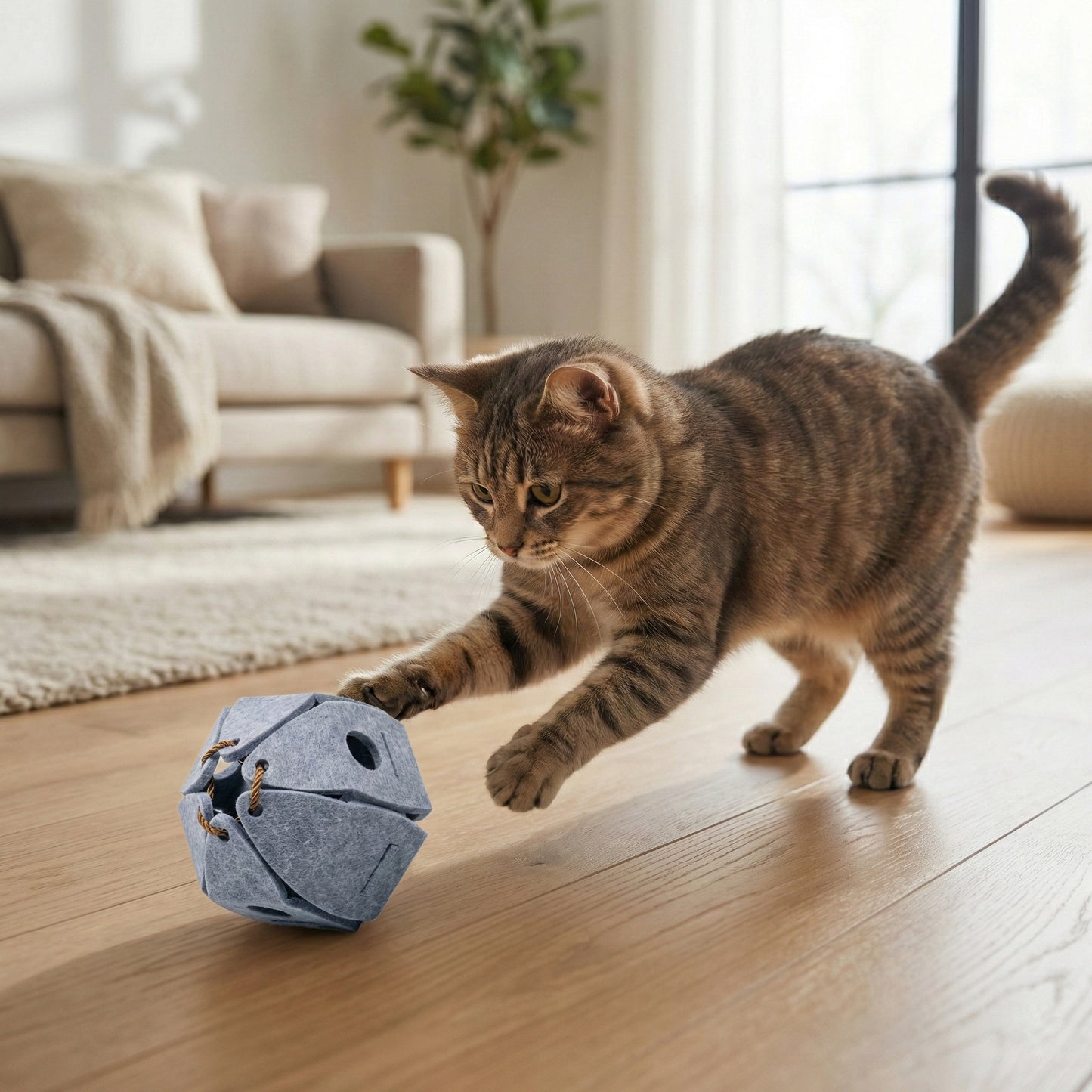 Juguete interactivo con forma de pelota y cascabel para gatos: juguete plegable de fieltro para enriquecer el mundo de los gatos de interior y adultos. Caza, salta y entretiene a los gatos aburridos, gris. 